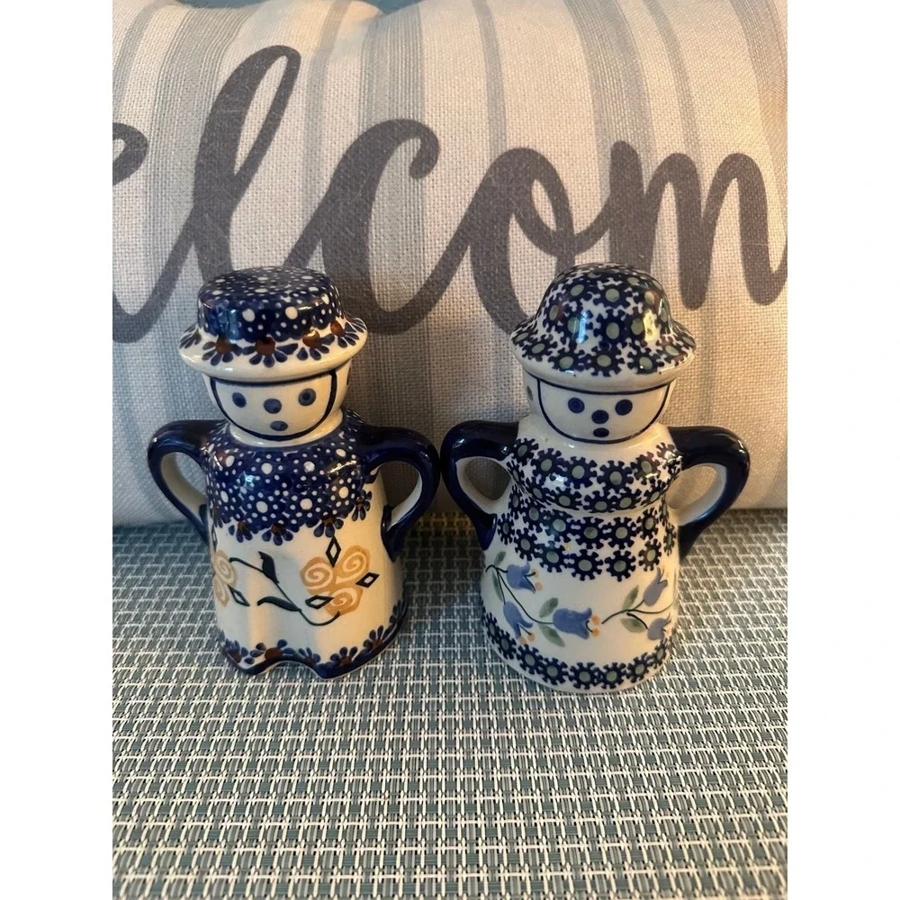 Mankufaktura Polish Pottery Salt/Pepper Shakers Blue/White Boleslawiec Set